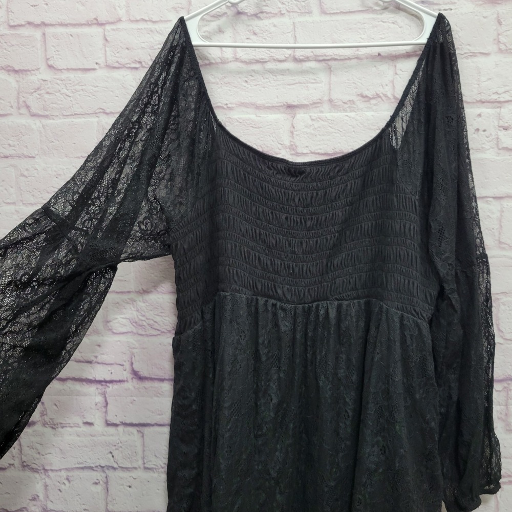 Torrid Black Lace Smocked Babydoll Blouse 5X Flared Sleeve Boho Gothic Grunge